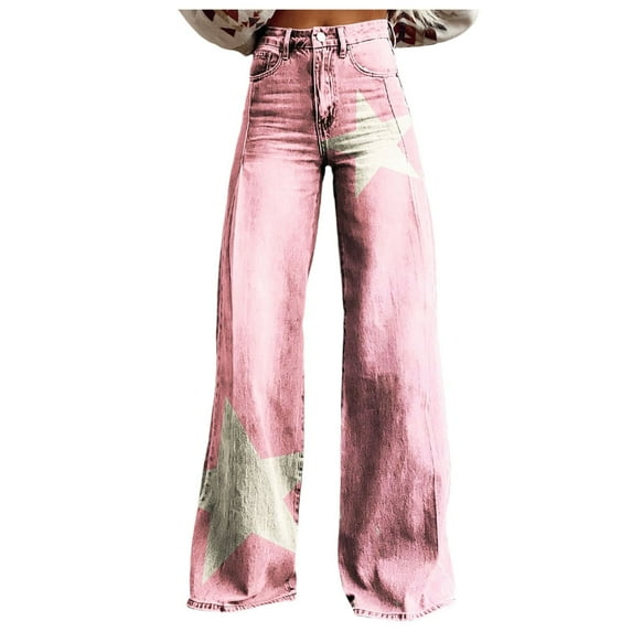 Jeans for Women Vintage Wide Leg Fashion High Waisted Denim 90S Floral Printed Pull On Baggy Pants for Women Jeans