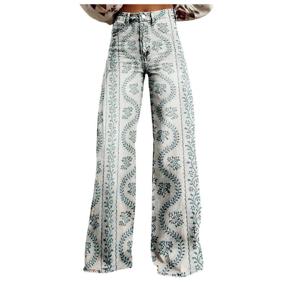 Jeans for Women Vintage Wide Leg Fashion High Waisted Denim 90S Floral Printed Pull On Baggy Womens Pants