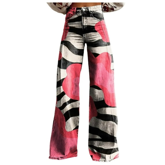 Jeans for Women Vintage Wide Leg Fashion High Waisted Denim 90S Floral Printed Pull On Baggy Womens Pants