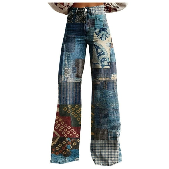 Jeans for Women Vintage Wide Leg Fashion High Waisted Denim 90S Floral Printed Pull On Baggy Womens Pants