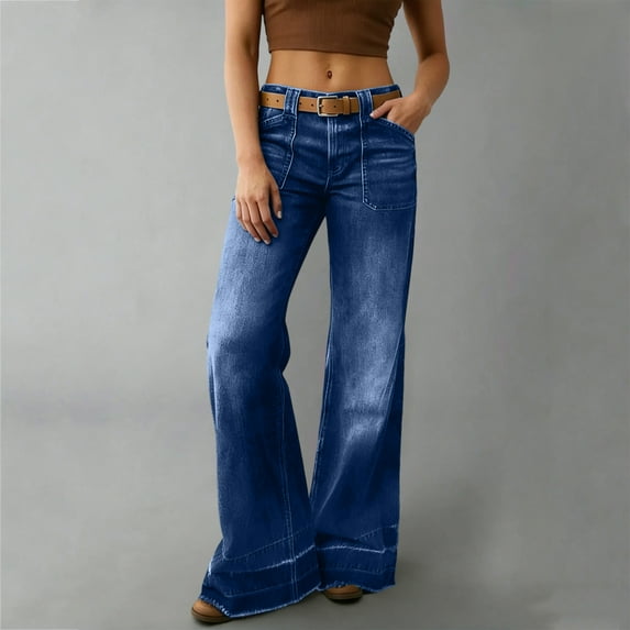 Jeans for Women Wide Leg Belted High Waisted Trousers Distressed Denim Slacks Front Patch Pockets Retro Streetwear Outfits