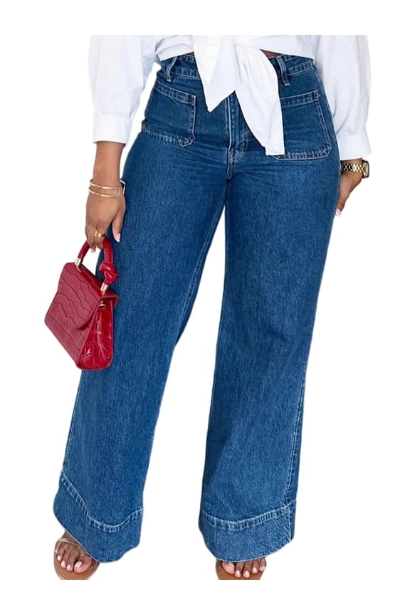 Jeans for Women Wide Leg High Waisted Stretchy Straight Leg Jean Baggy Trendy Denim Pants with Slanted Pockets Blue XL