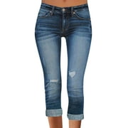 Jeans for Women,Women Casual Simple Fashion Ripped Old Elastic Mid Rise Pocket Cropped Jeans,Wide Leg Jeans(Size:XL)
