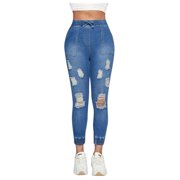 Jeans for Women,Women Casual Slim Ripped Trousers Elastic Waist Cord Mid Blue Jeans,Wide Leg Jeans(Size:L)
