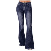 Jeans for Women,Women Fashionable Casual Mid Rise Buttoned Striped Thin Edge Flared Jeans,Wide Leg Jeans(Size:M)