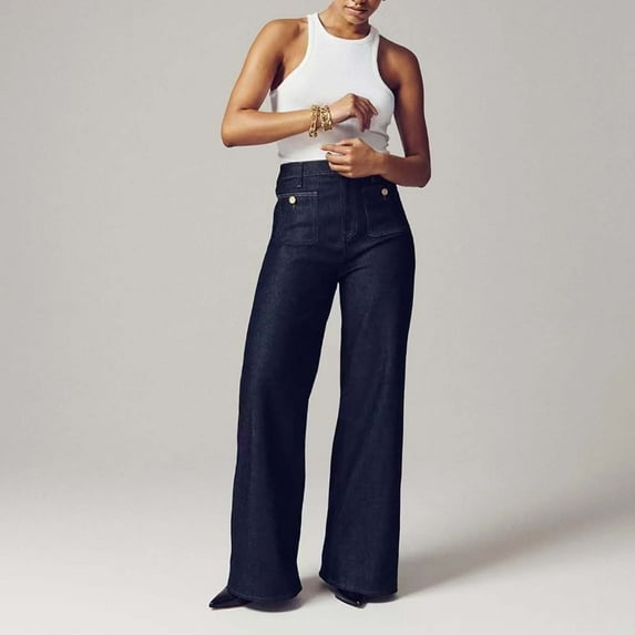 Jeans for Women, Womens Jeans, Sailor Wide Leg Trouser High Waisted Casual Straight Leg Jeans Buttoned Denim Pants With Pocket, M