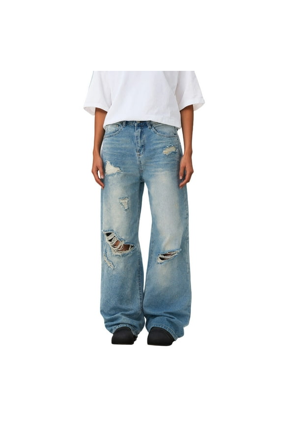 Jeans for Women Y2K Blue Wash Ripped Distressed High Waisted Wide Leg Straight Denim Jean Pants Womens Jeans Trousers