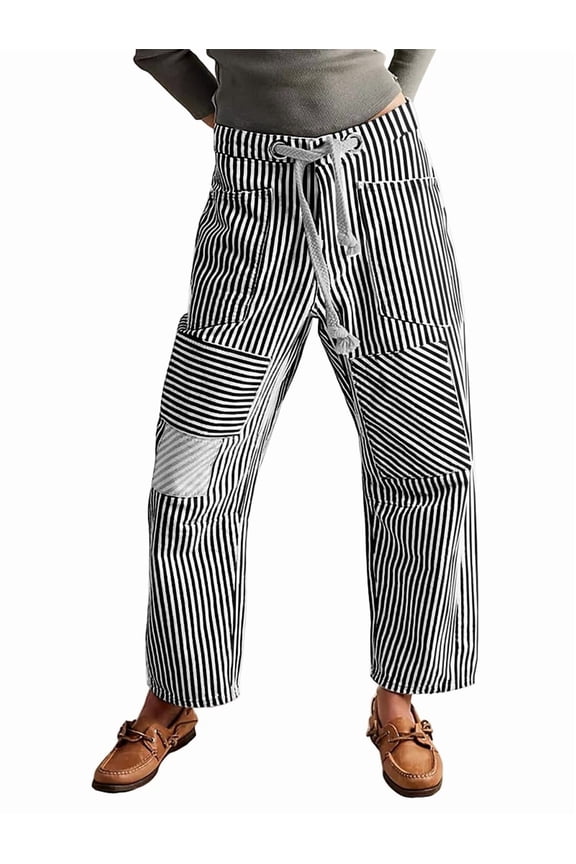 Jeans for Women Y2k Striped Drawstring High Waist Straight Wide Leg Boyfriend Jeans Mom Denim Pants Black S