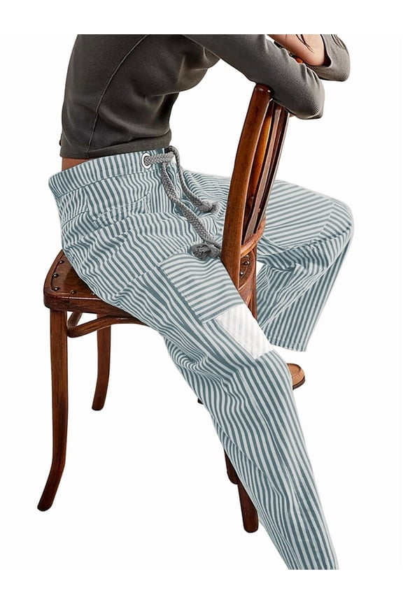 Jeans for Women Y2k Striped Drawstring High Waist Straight Wide Leg Boyfriend Jeans Mom Denim Pants Blue L