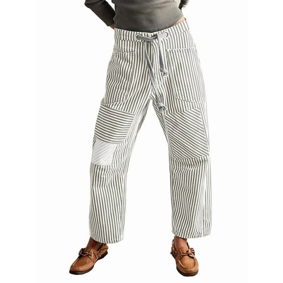 Jeans for Women Y2k Striped Drawstring High Waist Straight Wide Leg Boyfriend Jeans Mom Denim Pants Grey L