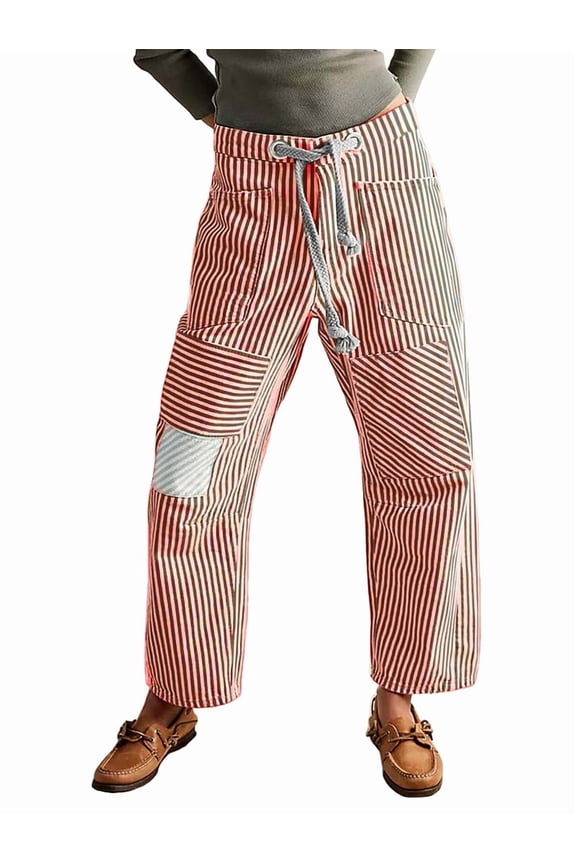 Jeans for Women Y2k Striped Drawstring High Waist Straight Wide Leg Boyfriend Jeans Mom Denim Pants Red M