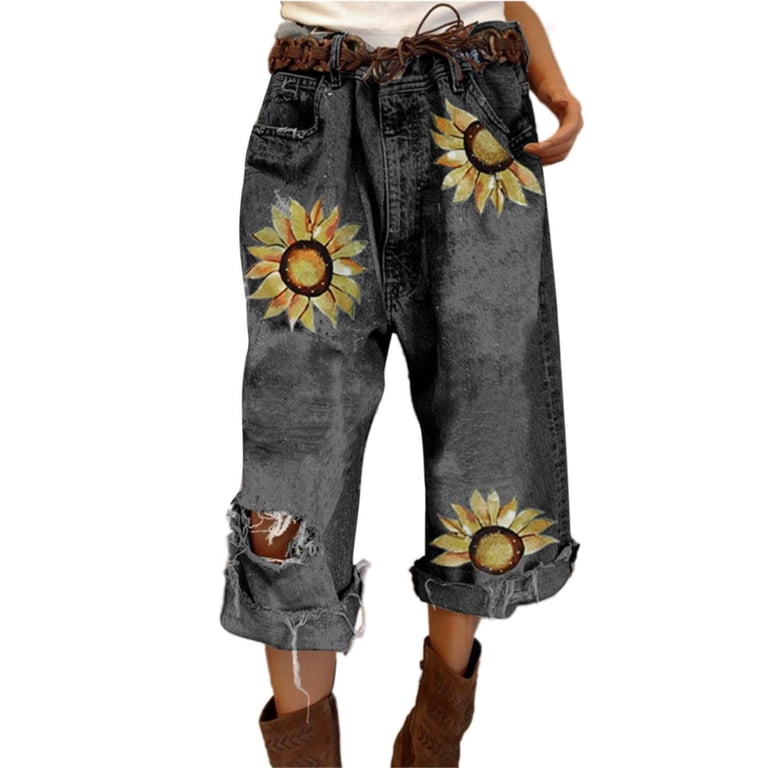 Jeans for Womens Trendy Fashion Loose All Ripped Print Sunflower 