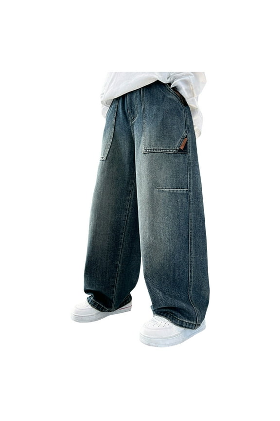 Jeans with Bows Kids Boy's Baggy Wide Leg Jeans Casual Elastic High Waist Straight Leg Loose Denim Pants Bottoms with Pockets
