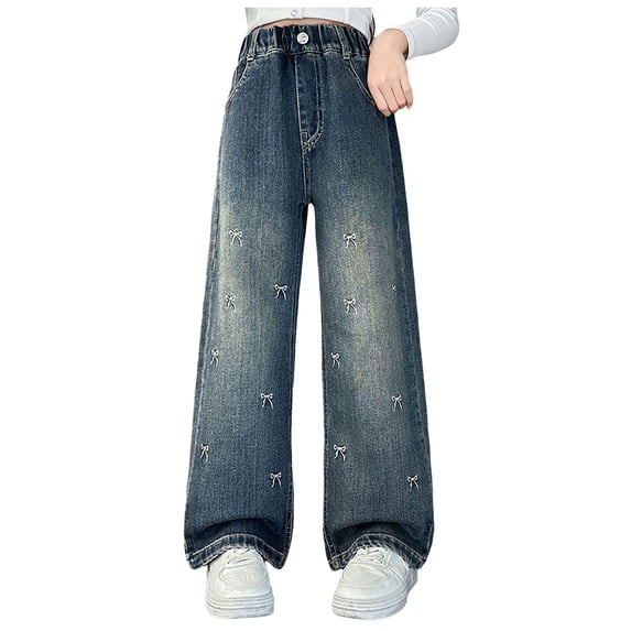 Jeans with Bows On The Side Girls Jeans Flare Denim Pants Bell Bottoms High Waist Elastic Cute Y2K Trousers Streetwear with Pockets 7-14Y