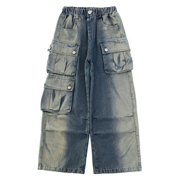 Jeans with Bows on Pocket Kids Girls Baggy Cargo Jeans Distressed Loose Wide Leg Elastic High Waist Denim Pants Vintage Streetwear Y2K Trousers