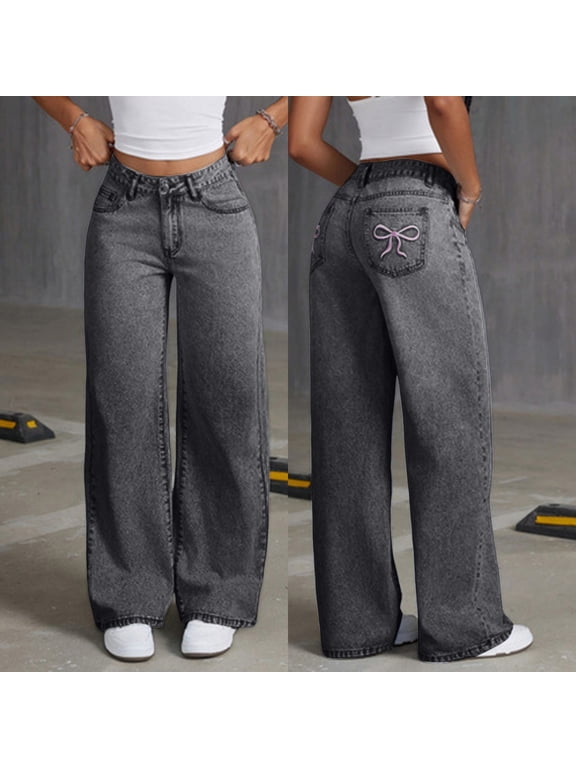 Jeans with Bows on Pockets Vintage Baggy Jeans for Girls - Loose Wide Leg Jeans with Five Pockets- Casual Denim Pants for Girls 5-13Y