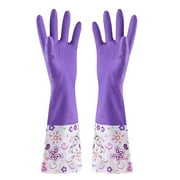 JeashCHAT 1 Pair Winter Rubber Kitchen Dishwashing Gloves with Soft Cotton Liner, Reusable Waterproof Non-Slip Household Cleaning Gloves for Kitchen Bathroom, Long Cuff with Flower Print, Purple