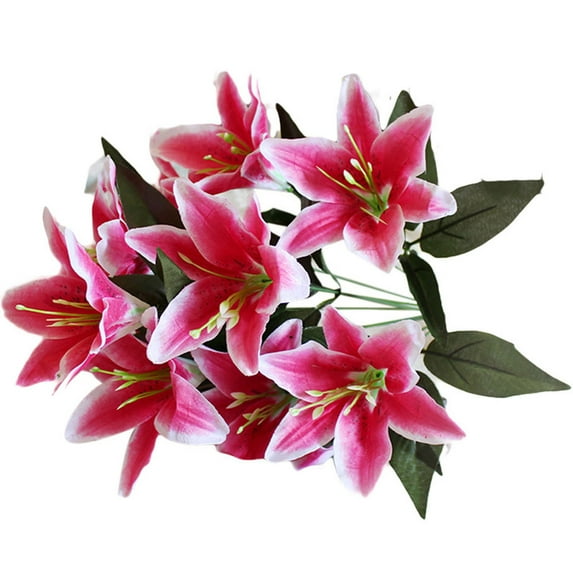 JeashCHAT 10 Heads Artificial Lily Flowers Bouquet Silk Flower Lilies with Stems, Fake Flowers Bulk for Vase Wedding Home Decor, Cemetery Flowers for Grave Vase (Dark Pink)