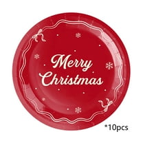 JeashCHAT 10 Pcs Merry Christmas Paper Plates, Christmas Theme Party Supplies Disposable Tableware, 7 Inch Round Plates Dinnerware, Red