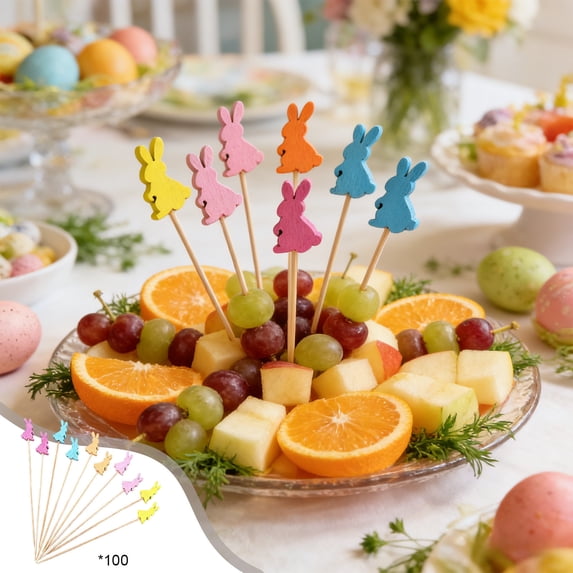 JeashCHAT 100 Pcs Easter Cocktail Picks, 4.7 Inch Long Fruit Sticks Food Toothpicks, Wooden Easter Bunny Decorative Fruit Skewers for Easter Party Decorations