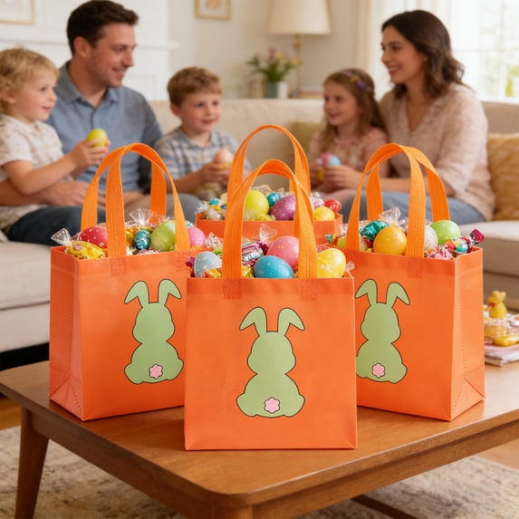 JeashCHAT 12 Pack Easter Gift Bags, Easter Egg Hunt Bags, Non-Woven Bunny Gift Bags with Handles, Party Supplies, 7.87"x7.87"x3.54"