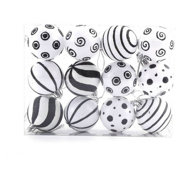JeashCHAT 12 Pcs Black White Christmas Ball Ornaments Set, 2.4 Inch Stripe Dots Swirl Hanging Balls Christmas Tree Decorations for Xmas Party Home Decor