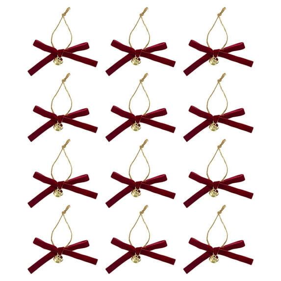 JeashCHAT 12 Pcs Christmas Velvet Bow Ornaments with Bell Pendant, Mini Twist Tie Bows for Gift Wrapping, Christmas Tree Wreath Garland Hanging Decorations
