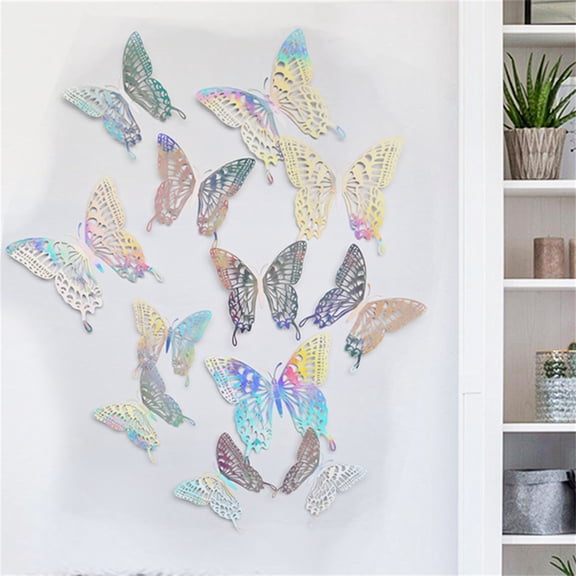JeashCHAT 12PCS 3D Metal Texture Hollow Butterfly Wall Sticker
