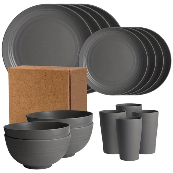JeashCHAT 16Pcs Kitchen Plastic Wheat Straw Dinnerware Set, Service for 4, Unbreakable Modern Dish Set, Dinner Plate/Dessert Plate/Cereal Bowl/Cup for Apartment Supplies, Outdoor Camping, Gray