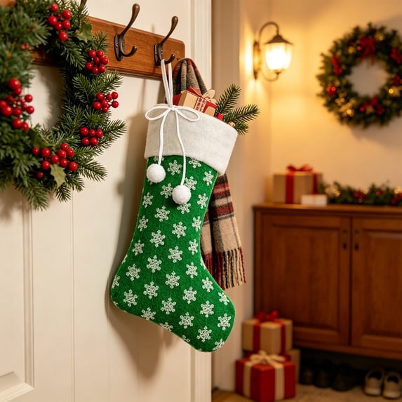 JeashCHAT 18inch Christmas Stockings, Glitter Sequin Snowflake Christmas Stockings with White Super Soft Plush Cuff and Bow for Xmas Tree Fireplace Family Holiday Decor Gifts