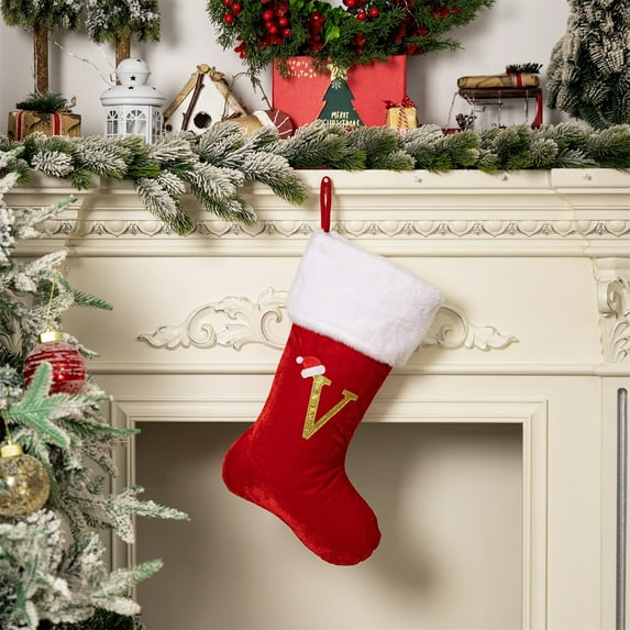 JeashCHAT 18inch Monogram Christmas Stockings with Letters, Red Velvet Personalized 26 Initial Christmas Stockings with White Super Soft Plush Cuff for Xmas Tree Fireplace Family Holiday Decor Gifts