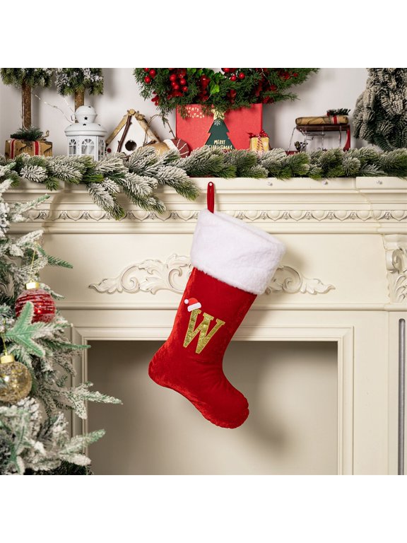 18inch Monogram Christmas Stockings with Letters, Red Velvet Personalized 26 Initial Christmas Stockings with White Super Soft Plush Cuff for Xmas Tree Fireplace Family Holiday Decor Gifts