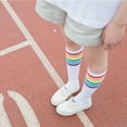 thumbnail image 1 of JeashCHAT 1Pair Thigh High Socks Over Knee Rainbow Stripe Girls Football Socks Black White, 1 of 9