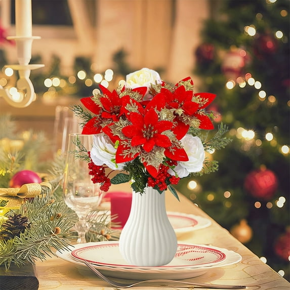 JeashCHAT 2 Pcs Artificial Poinsettia Bouquets Christmas Flowers 14 inch Glitter Faux Poinsettia Floral Bouquet for Vase Table Centerpiece Home Office Indoor Outdoor Christmas Decorations