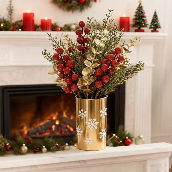 JeashCHAT 2 Pcs Christmas Artificial Pine Needles Branches Red Berry Stems Fake Pine Picks Christmas Red Berry Picks Holly Berries for Christmas Tree Home Office Vase Decor
