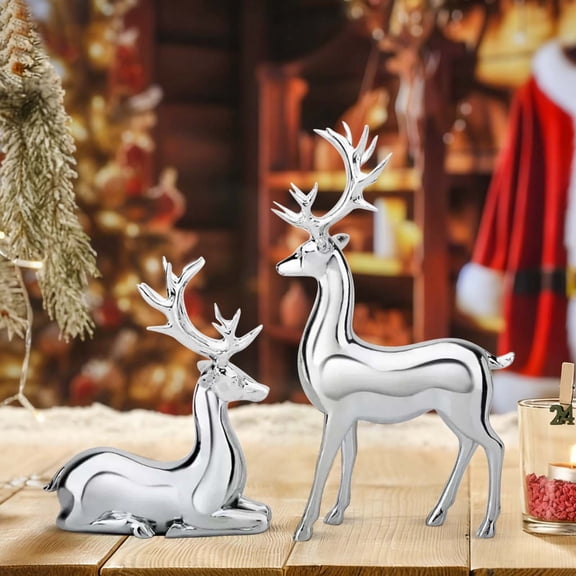 JeashCHAT 2 Pcs Deer Statues, Reindeer Sculpture, Plastic Sitting Standing Deer Ornaments, Home Decor, Gift for Wedding Christmas Valentine's Day