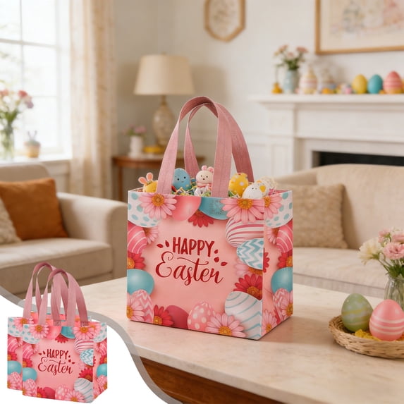 JeashCHAT 2 Pcs Easter Gift Bags, Happy Easter Tote Bags with Handles, Reusable Non Woven Goodie Bags, Easter Bunny Egg Treat Bags Party Supplies, 7.87"x7.87"x5.91"