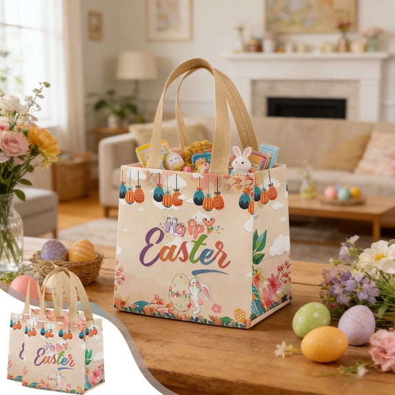 JeashCHAT 2 Pcs Easter Gift Bags, Happy Easter Tote Bags with Handles, Reusable Non Woven Goodie Bags, Easter Bunny Egg Treat Bags Party Supplies, 7.87"x7.87"x5.91"