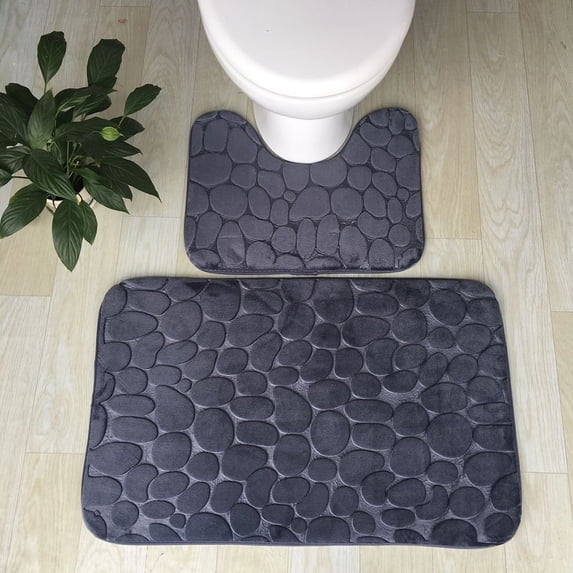 JeashCHAT 2 Piece Bathroom Rug Set , Embossed Solid Color U-Shaped Contour Toilet Rug Bath Mat for Bathroom Floor, Bathroom Accessories, Absorbent Water, Machine Washable (Black)