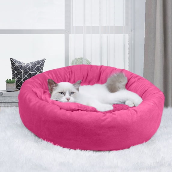 JeashCHAT 2 Piece Calming Donut Cat Bed Set for Indoor Cats, Warming Cozy Soft Round Pet Bed for Small Dogs and Cats, 14" Pet Bed with Pillow, Pink