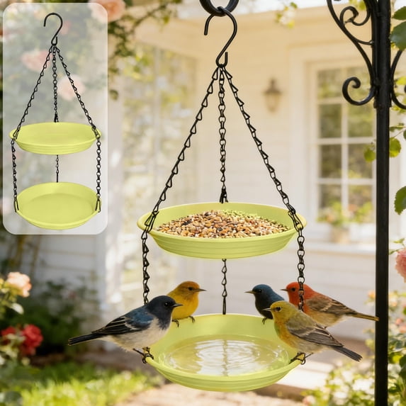 JeashCHAT 2-Tier Hanging Bird Feeder Bird Bath, Outdoor Bird Feeder Tray with Chain Hook for Backyard Garden Patio Decoration, Yellow