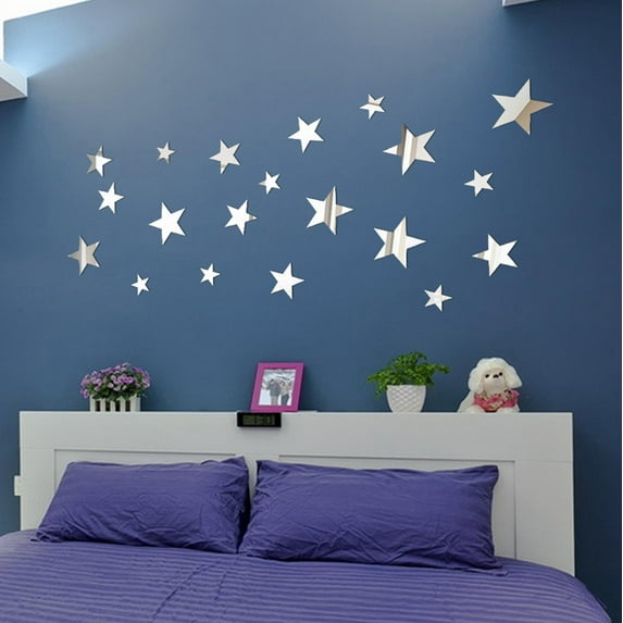 JeashCHAT 20Pcs Star Wall Decor DIY Mirror 3D Star Stickers Removable Acrylic Star Decals for Home Nursery Classroom Kids Girls Bedroom Bathroom Living Room Decor (Silver)