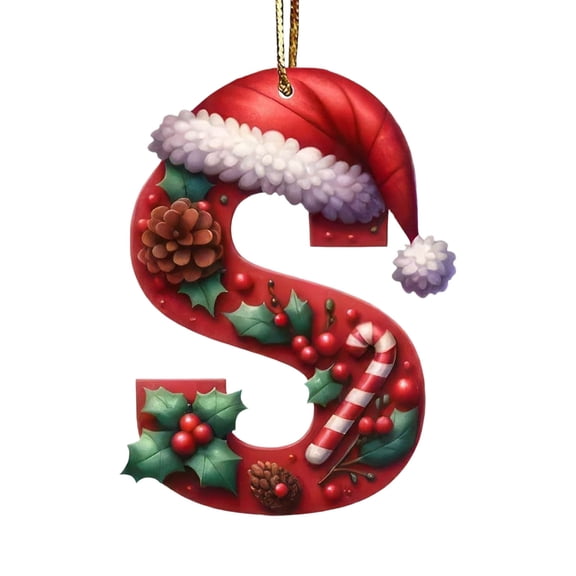 JeashCHAT Initial Letter Christmas Ornaments, Acrylic Red Personalized Christmas Initial Ornaments with Red Santa Hat Berries Candy Cane Pinecone, Christmas Tree Hanging Decoration, 3.15 Inch