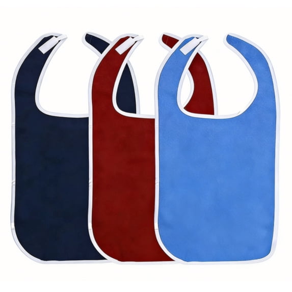 JeashCHAT 3 Pcs Adult Bib for Elderly Women Men, Machine Washable Reusable Clothing Protector, Eating Cloth for Elderly Seniors and Disabled, Blue/Navy/Red