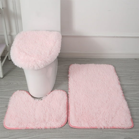 JeashCHAT 3 Piece Bathroom Rug Set - Includes Bathroom Carpet, U-Shaped Contour Toilet Rug, Toilet Lid Cover - Super Soft Anti Slip Solid Color Bath Mat Set (Pink)