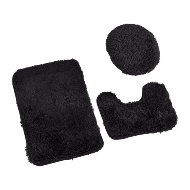 JeashCHAT 3 Piece Bathroom Rug Set Clearance - Includes Bathroom Carpet, U-Shaped Contour Toilet Rug, Toilet Lid Cover - Super Soft Anti Slip Solid Color Bath Mat Set (Black)