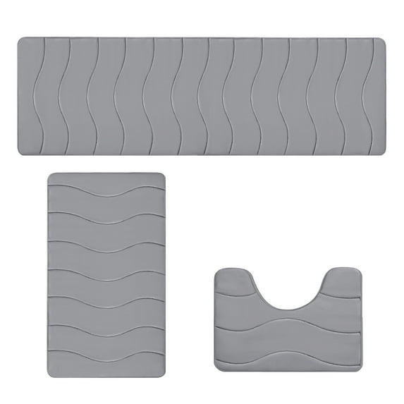 JeashCHAT 3 Piece Memory Foam Bathroom Rug Set - Includes Bathroom Carpet, Bath Mat, U-Shaped Contour Toilet Rug - Soft Non Slip Super Absorbent Quick Drying Bath Mat Set (Gray)