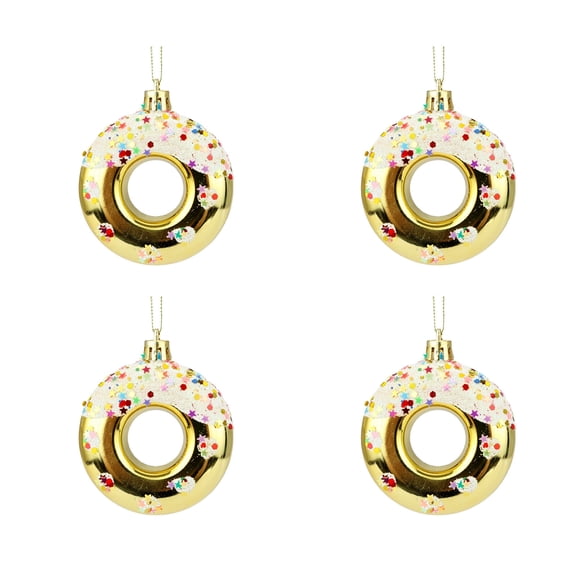 JeashCHAT 4 Pcs Christmas Donut Ornaments, Plastic Dessert Donut Candy Pendant Set, Christmas Tree Hanging Decorations Donut Shaped Baubles for Xmas Birthday Party Supplies