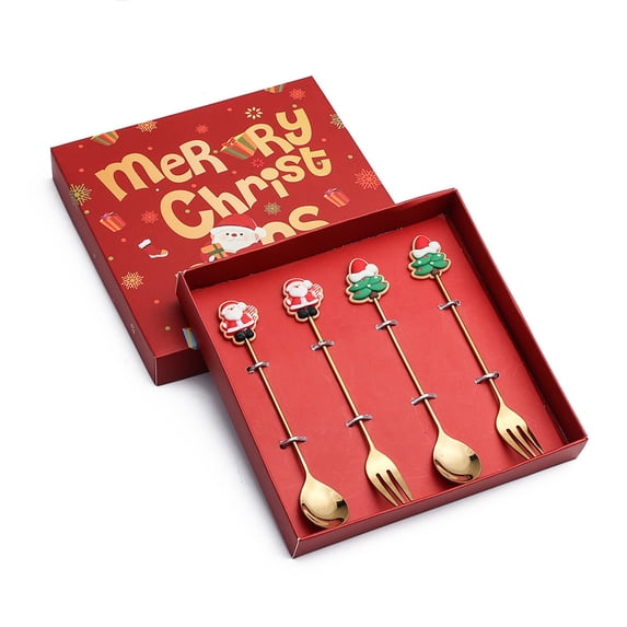 JeashCHAT 4 Pcs Christmas Forks and Spoons Set with Gift Box, Stainless Steel Flatware Cutlery Set Coffee Spoons Cake Fruit Forks, Christmas Gifts Christmas Party Supplies