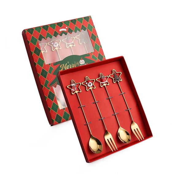 JeashCHAT 4 Pcs Christmas Forks and Spoons Set with Gift Box, Stainless Steel Flatware Cutlery Set Coffee Spoons Cake Fruit Forks, Christmas Gifts Christmas Party Supplies